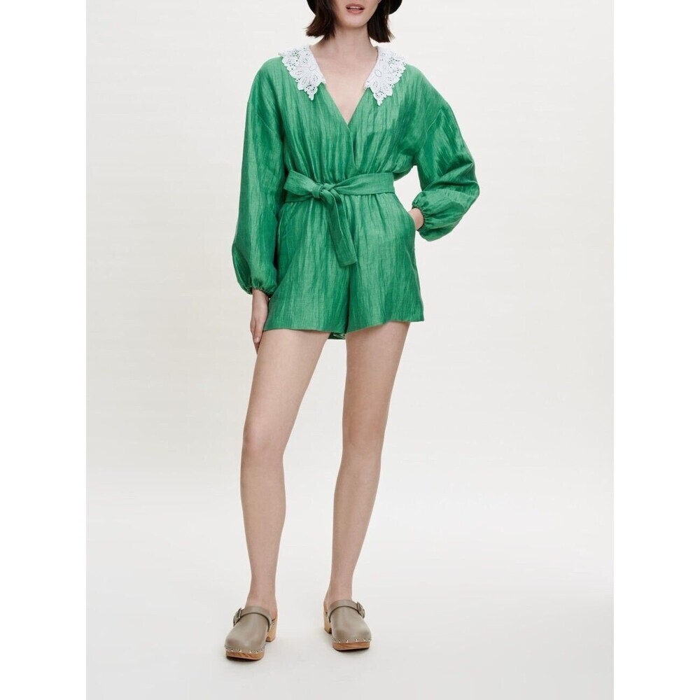 NWT MAJE Women’s‎ Size 40 US 8 LINEN Blend Short Jumpsuit Romper Green Lace - Picture 3 of 16